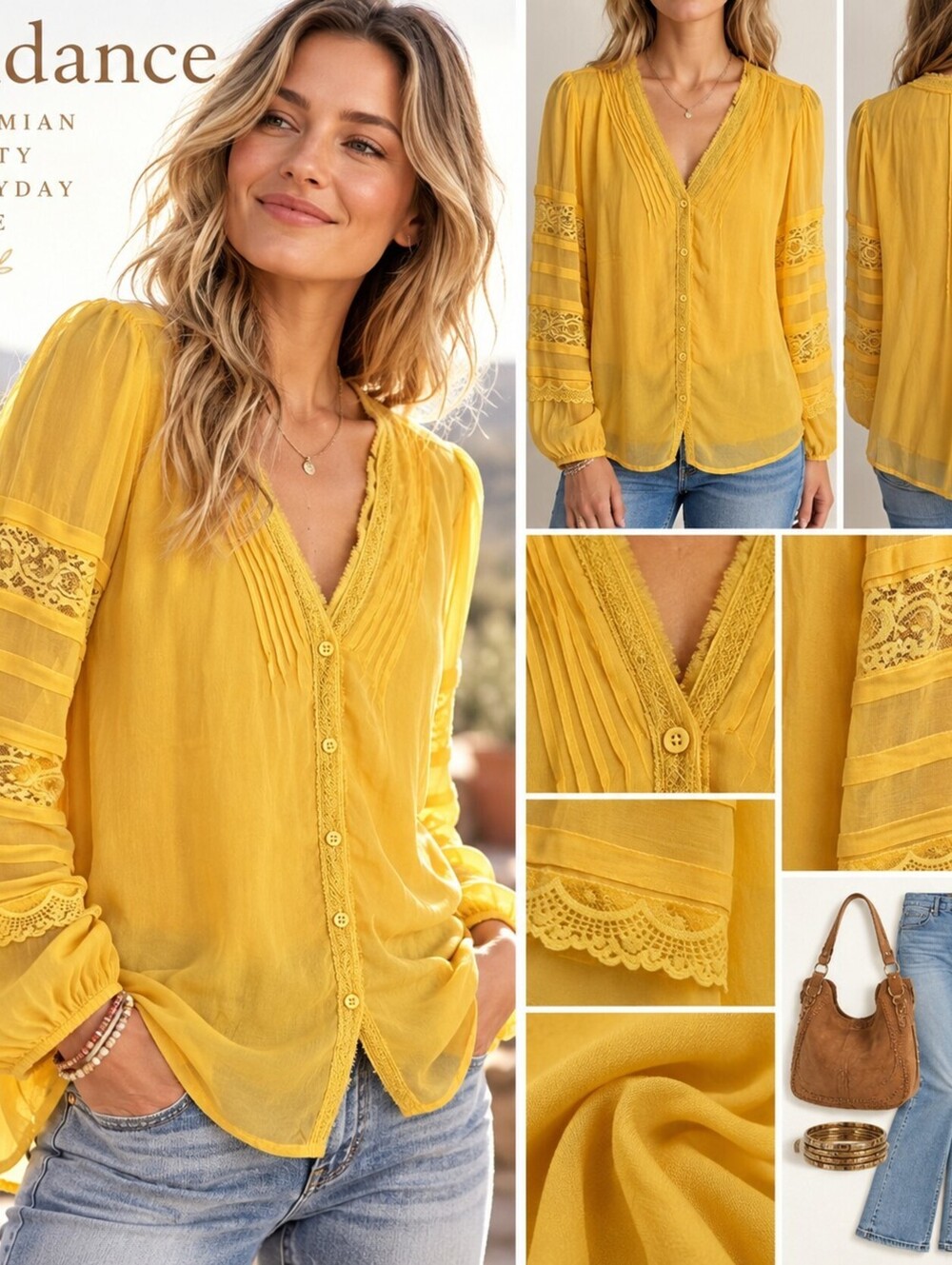 Sundance Women’s Small Mustard Yellow Cupro Lace Pintuck Boho Blouse